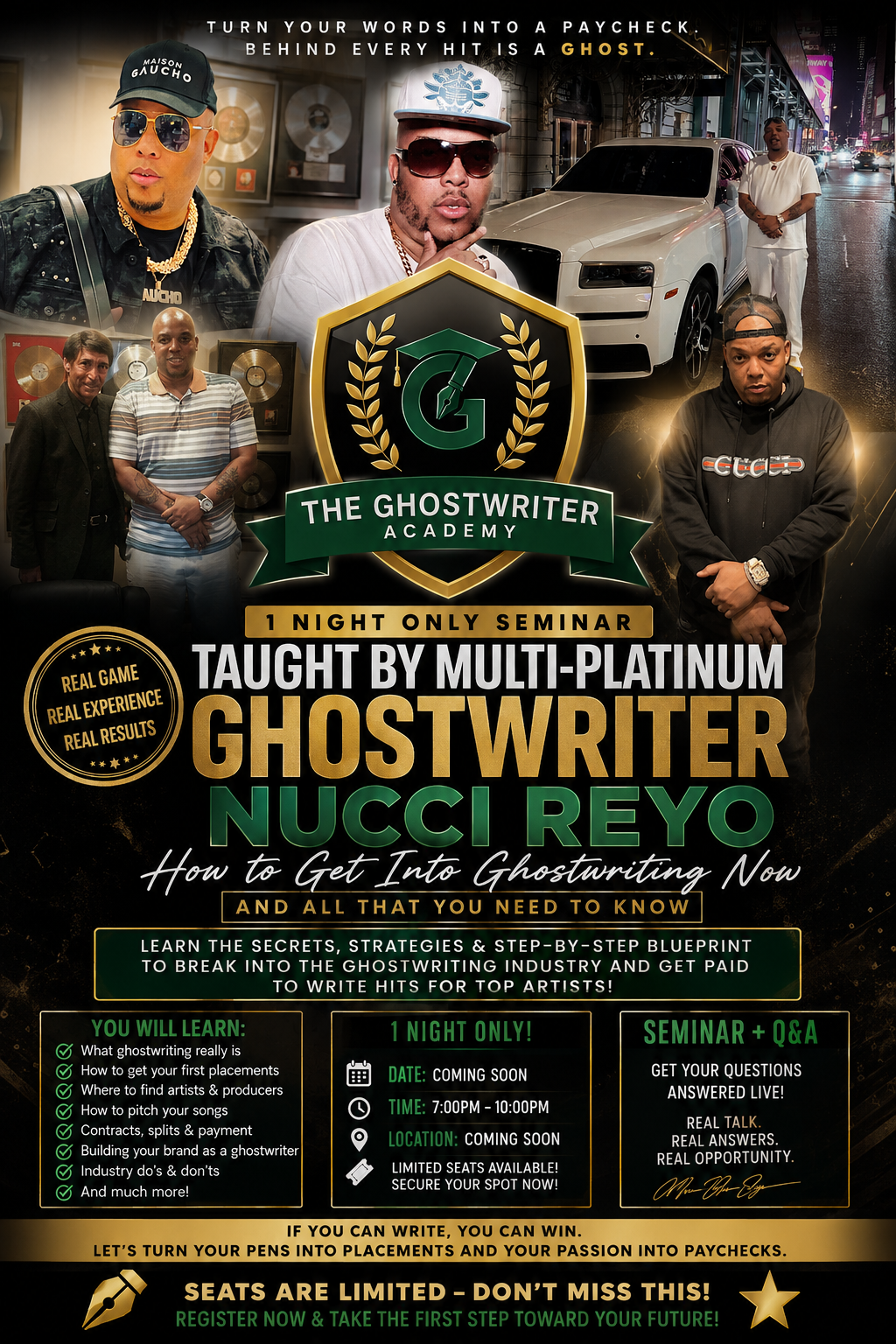 The Ghostwriter Academy 1-night seminar flyer featuring Nucci Reyo